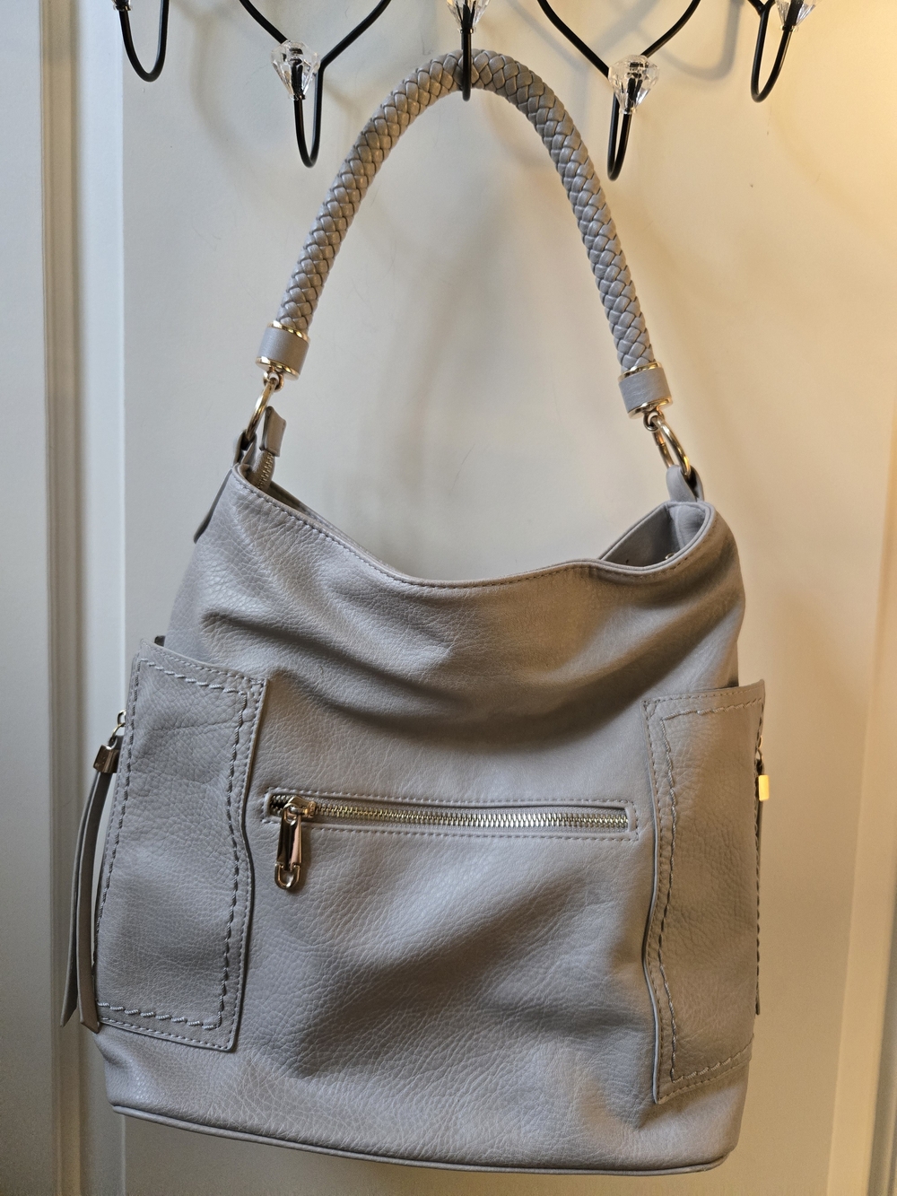 Soft Braided-Handle Hobo Bag in Light Taupe Grey